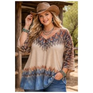 Midnight Velvet Multicolored Tunic Top Size 3X Short Sleeve Boho Earthy Western